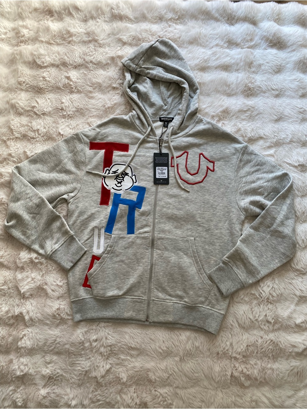 True Religion Gray Zip-Up Hoodie with Red & Blue Appliqué